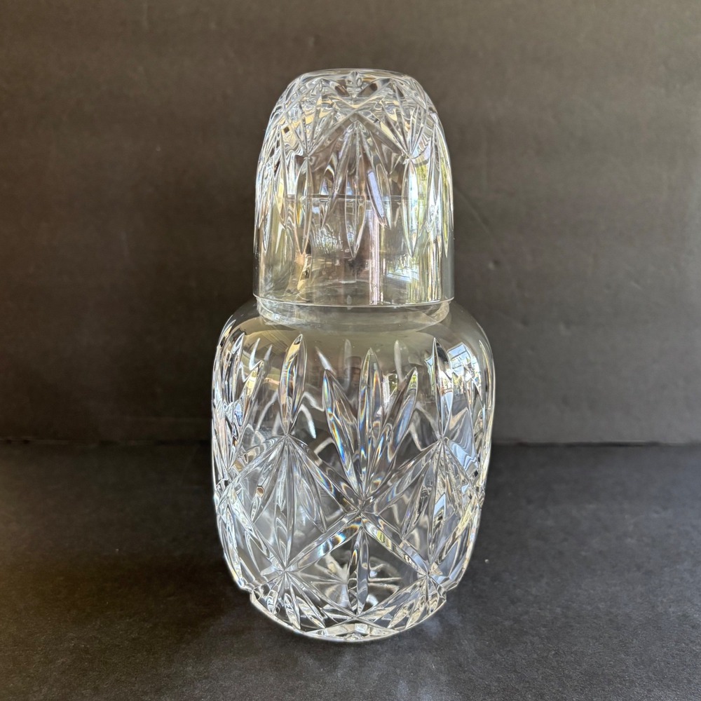 Vintage Cut Crystal Bedside Carafe and Glass Tumble Set Diamond Pattern Clear